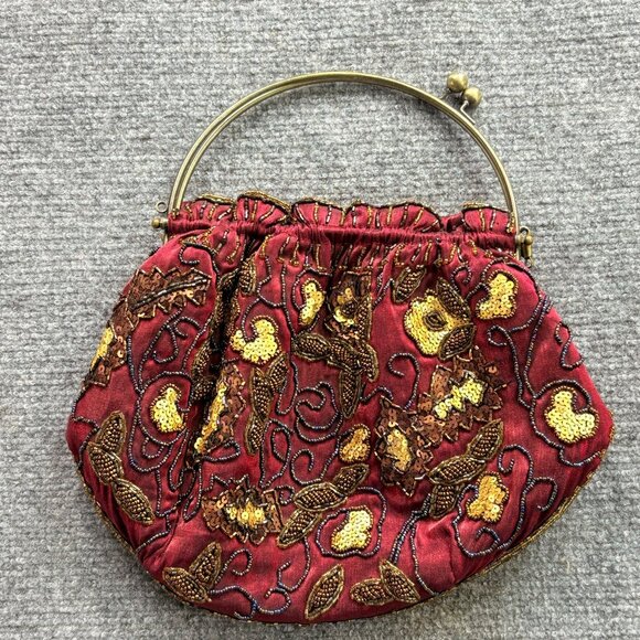 VTG Red Sequin Beaded Purse Metal Handle Kisslock Fairycore Steampunk Artsy boho - Picture 2 of 16